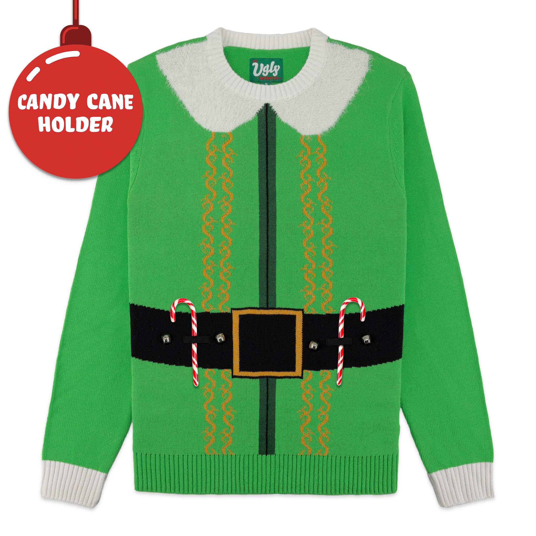 Elf Suit With Candy Cane Holders Ugly Christmas Sweater Unisex The elf-suit-with-candy-cane-holders-ugly-christmas-sweater-unisex-the