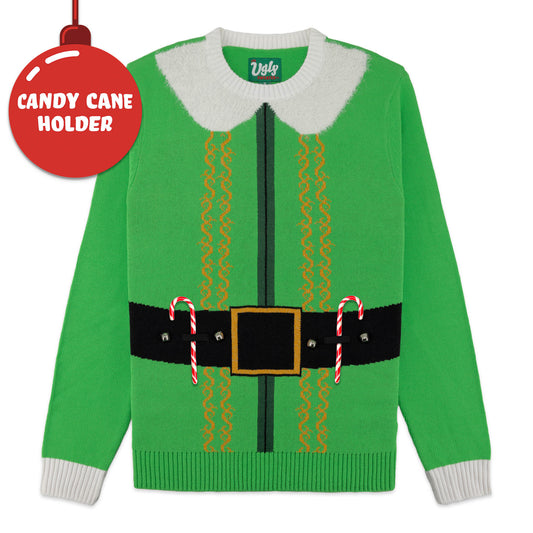 Elf Suit With Candy Cane Holders Ugly Christmas Sweater Unisex