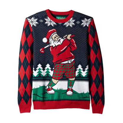 A festive Christmas sweater featuring an illustration of Santa Claus playing golf, with a red and black argyle pattern on the sides.